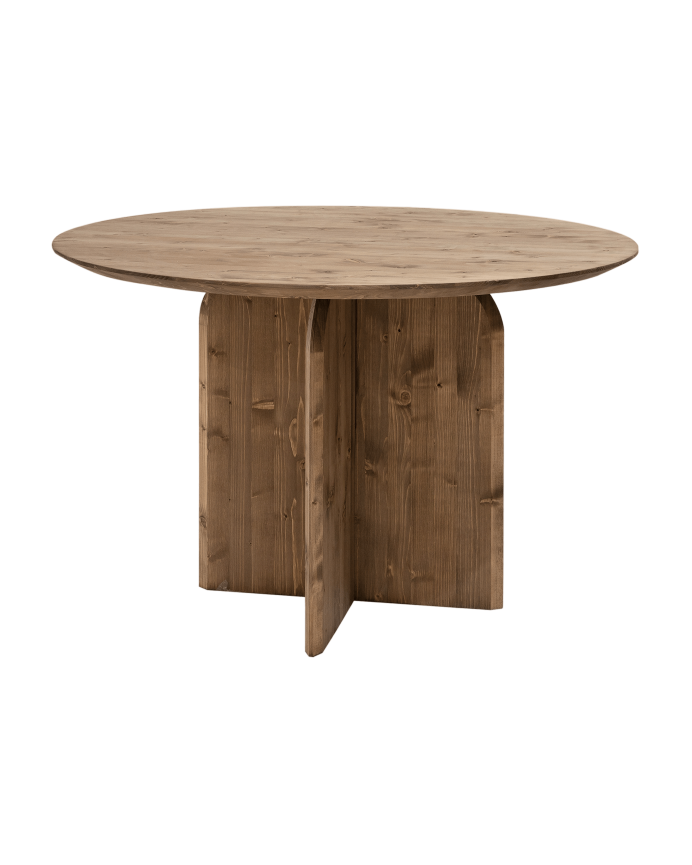 Round solid wood dining table in dark oak tone, 110cm.