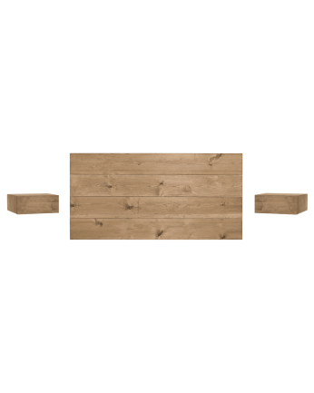 Pack solid wood headboard and floating bedside tables in dark oak tone of various sizes.