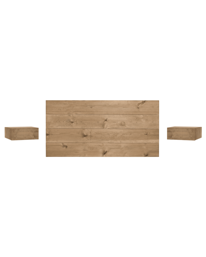 Pack solid wood headboard and floating bedside tables in dark oak tone of various sizes.