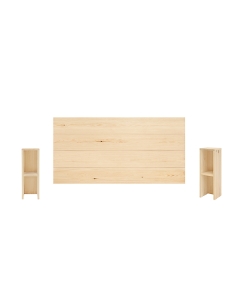 Pack solid wood headboard and bedside tables in natural tone in various sizes.