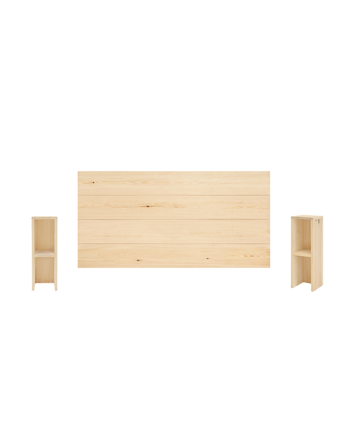 Pack solid wood headboard and bedside tables in natural tone in various sizes.