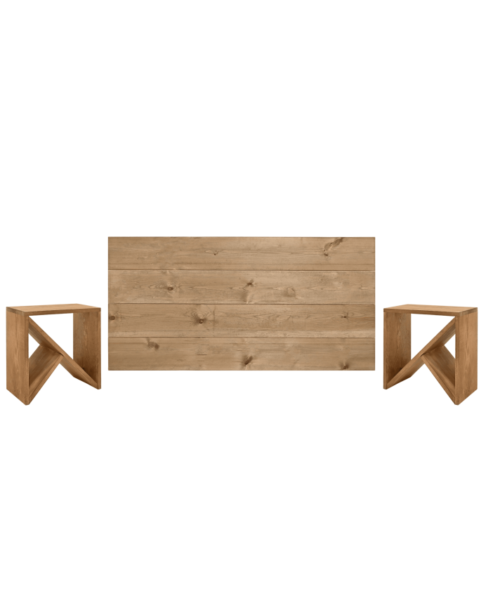 Pack headboard and solid oak bedside tables in dark oak tone in various sizes.