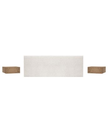 Upholstered beige headboard set and 2 dark oak solid wood floating nightstands in various sizes.