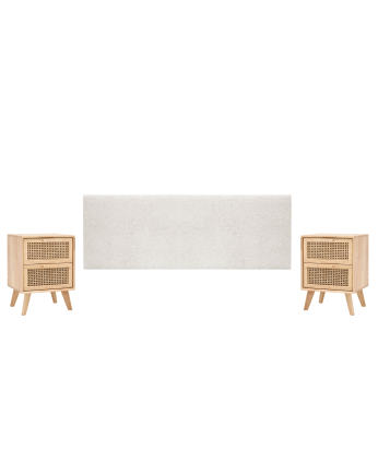 Set of upholstered beige headboard and 2 solid wood natural tone bedside tables in various sizes.