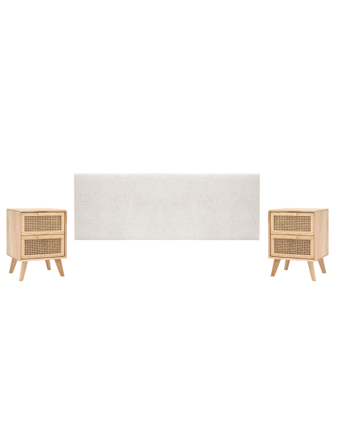 Set of upholstered beige headboard and 2 solid wood natural tone bedside tables in various sizes.