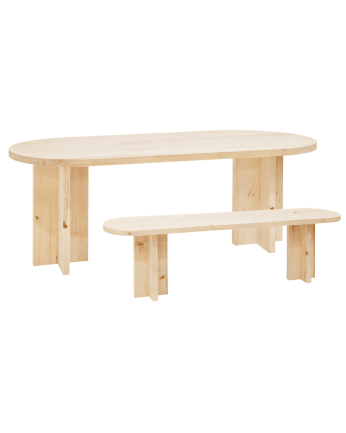 Oval dining table and solid wood bench set in a natural tone available in various sizes.