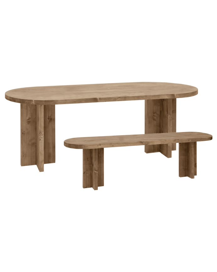 Pack oval dining table and solid wood bench in dark oak tone in various sizes