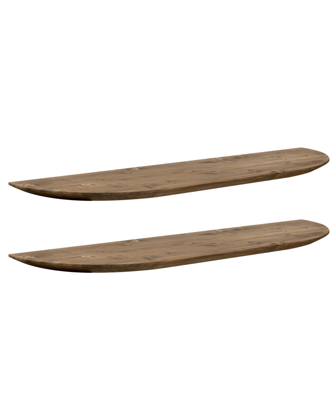 Pack of 2 dark oak tone floating solid wood rounded shelves in various sizes.