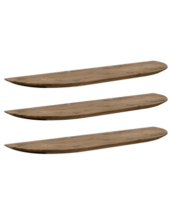 3 rounded solid wood floating shelves in dark oak tone various sizes.
