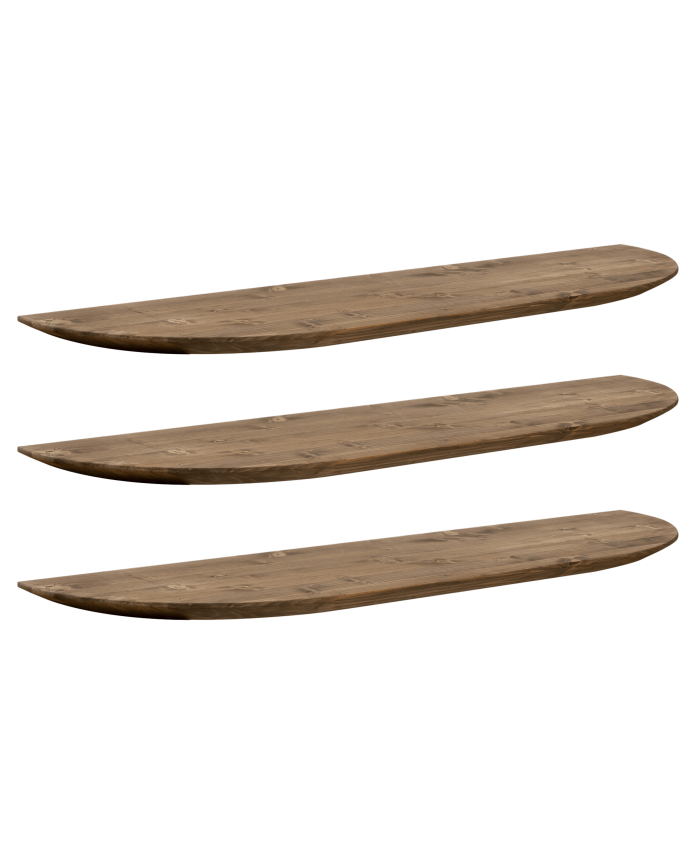 3 rounded solid wood floating shelves in dark oak tone various sizes.