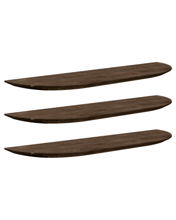 Pack of 3 floating rounded solid wood shelves in walnut tone, various sizes.
