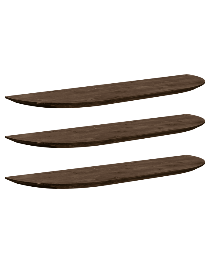 Pack of 3 floating rounded solid wood shelves in walnut tone, various sizes.