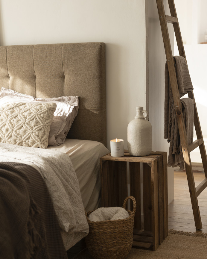 Polyester upholstered headboard with pleats in brown color of various sizes