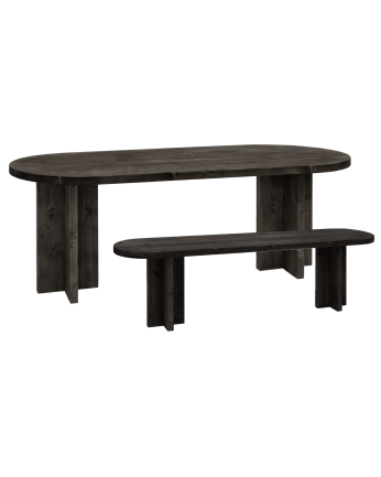 Oval dining table set and solid wood bench in black color available in different sizes.