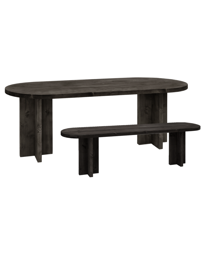 Oval dining table set and solid wood bench in black color available in different sizes.