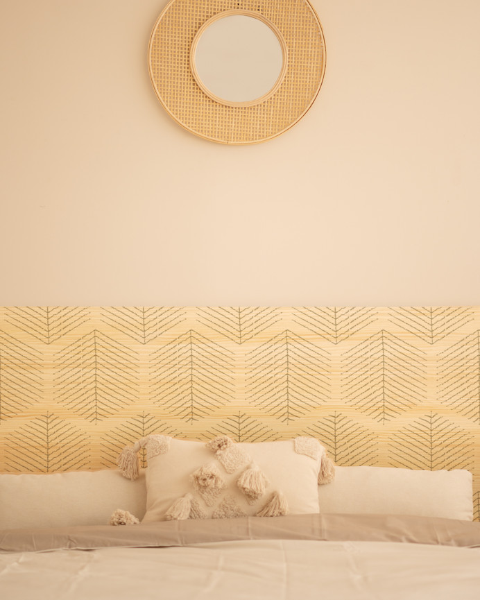 Solid wood headboard printed with Hexagonal Leaves motif I in natural tone in various sizes.