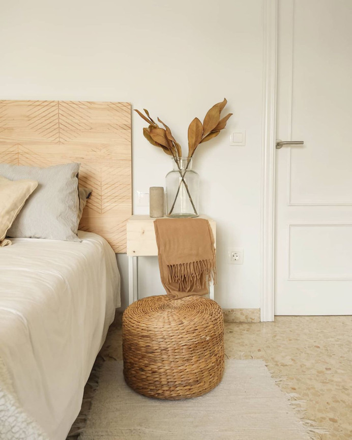 Solid wood headboard stamped with Hexagonal Leaves III pattern in natural tone of various sizes.