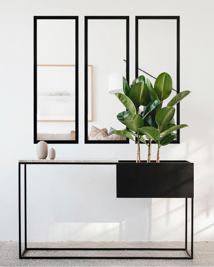Set of 3 rectangular wall mirrors in black wood tone, measuring 90x30cm.
