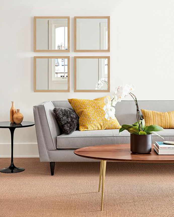 Set of 4 square wooden wall mirrors in natural tone, 30x30cm.