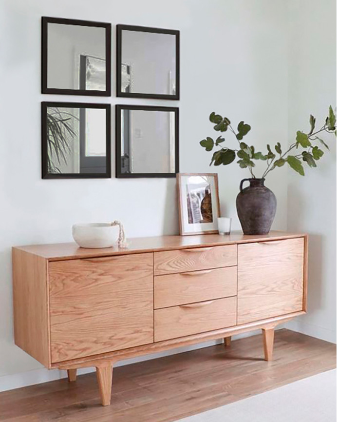 Set of 4 square wall mirrors in black wood tone measuring 30x30cm.