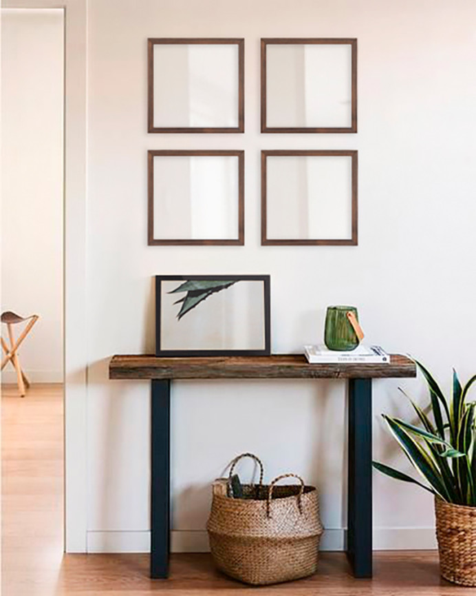 Set of 4 square walnut tone wooden wall mirrors measuring 30x30cm.