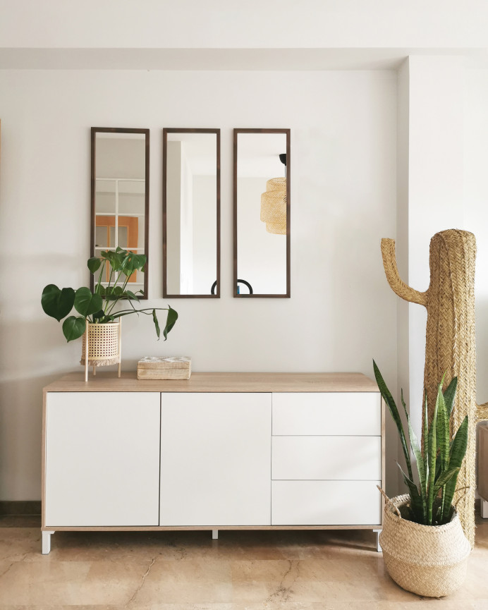 Set of 3 rectangular walnut tone wooden wall mirrors measuring 90x30cm