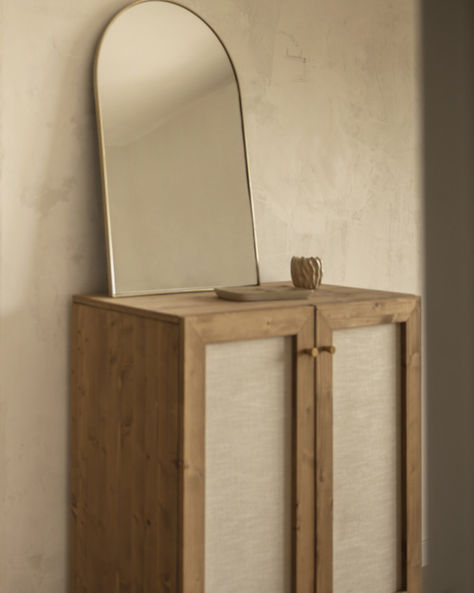 Solid wood sideboard with linen fabric, 2 doors in dark oak tone, 100x80cm.