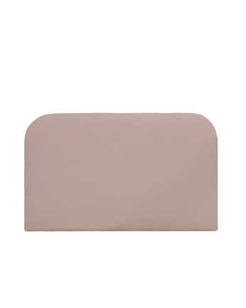 Upholstered headboard in removable pink bouclé fabric, available in various sizes.