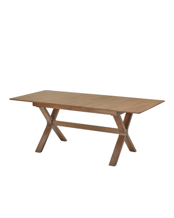 Extendable wooden dining table in dark oak tone, available in various sizes.