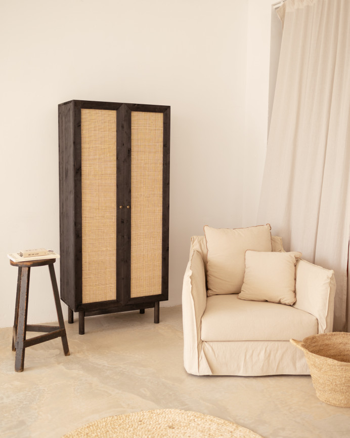 Solid wood and rattan core wardrobe in black tone measuring 180x80cm.