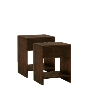 Set of 2 solid wood bedside tables with a walnut-toned drawer in various sizes.