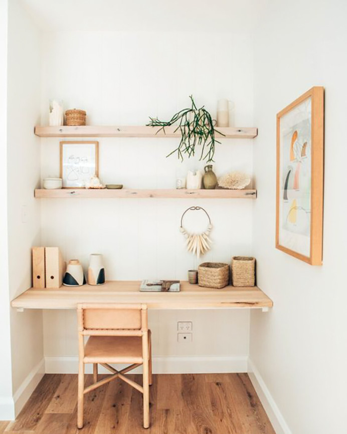 Solid wood floating shelf, natural finish, various sizes.