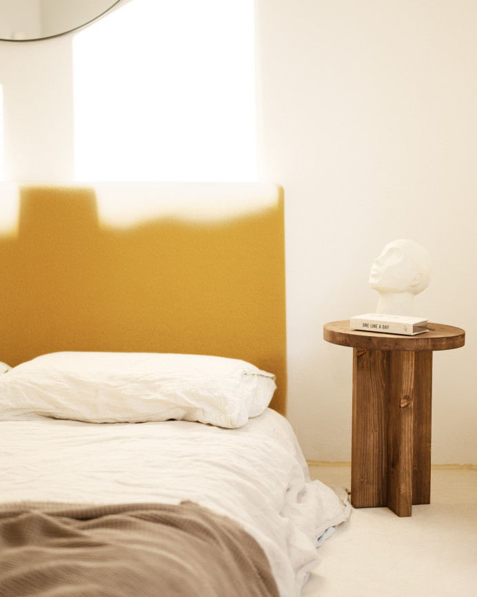 Upholstered cotton headboard in mustard color available in various sizes.