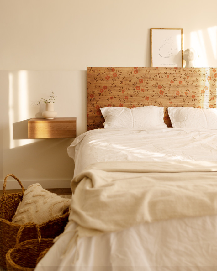 Solid wood and raffia headboard in dark oak tone in various sizes.