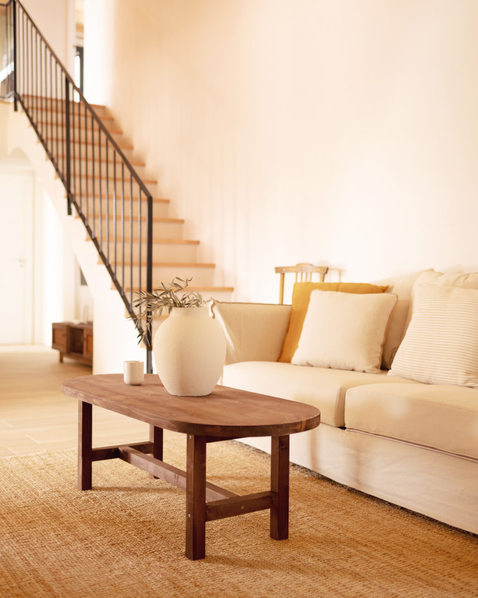 Solid wood walnut-toned coffee table measuring 120x40cm