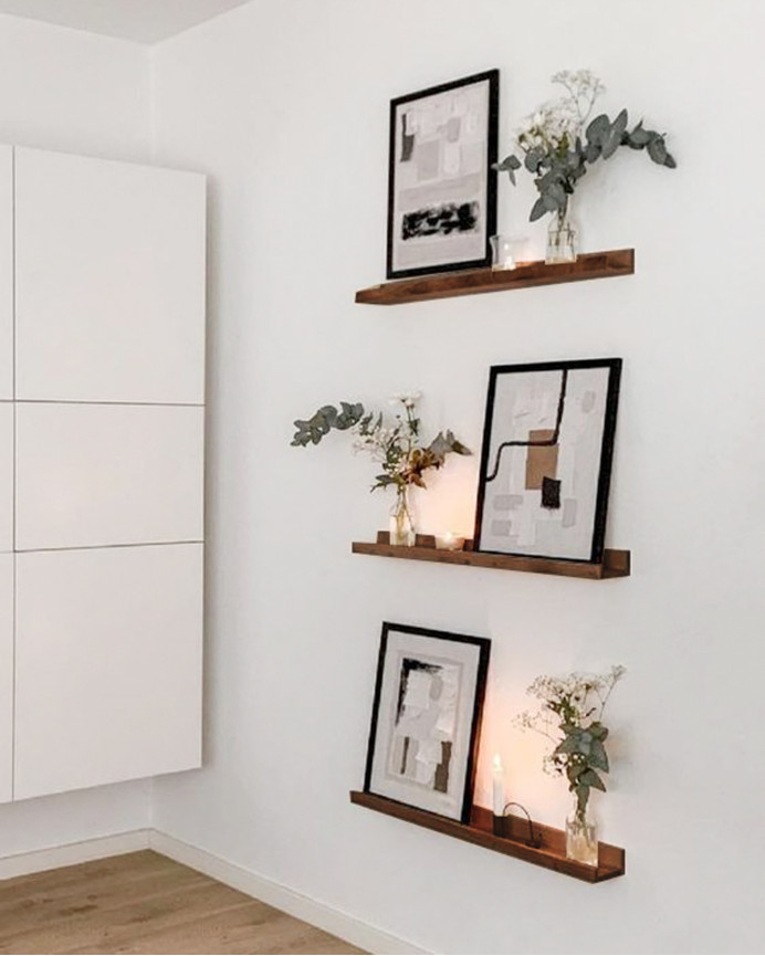 Pack 2 solid walnut tone floating wooden shelves in various sizes