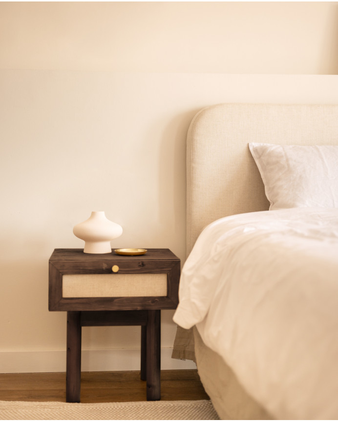 Pack of 2 solid wood bedside tables with walnut tone linen drawer, measuring 45x40cm.