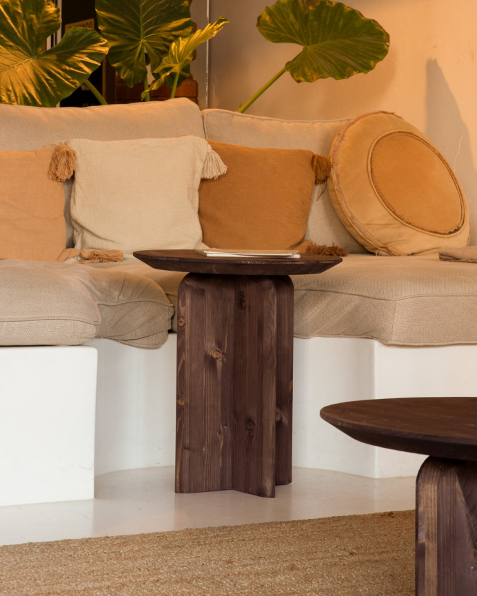 Solid wood side table in walnut tone, measuring 50x45cm.