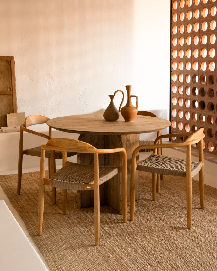 Round solid wood dining table in dark oak tone, 110cm.