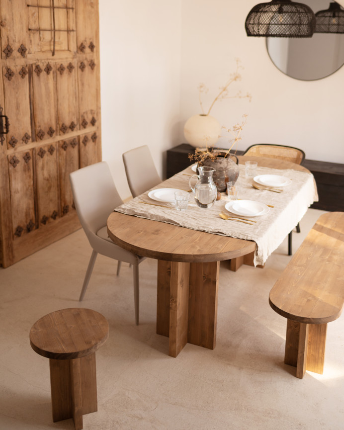 Pack oval dining table and solid wood bench in dark oak tone in various sizes