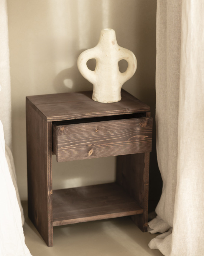 Solid wood nightstand with a walnut-tone drawer available in various sizes