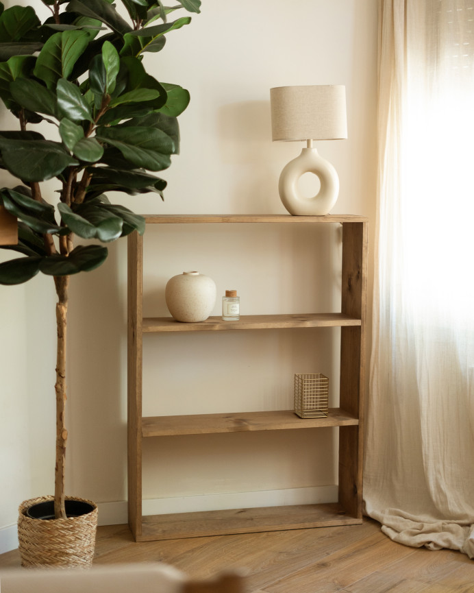 Solid wood dark oak tone shelving unit with 2 shelves