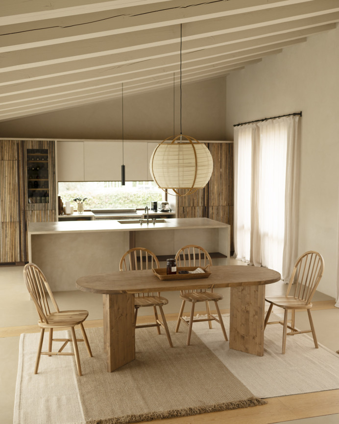 Solid wood dining table in a dark oak tone available in various sizes.