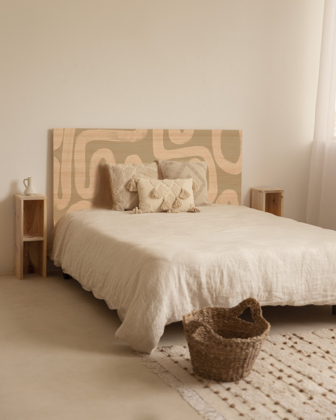 Solid wood headboard with various sizes stamped.