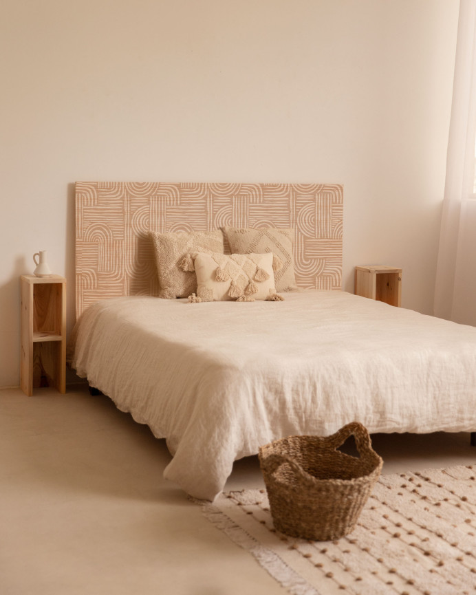 Solid wood headboard with various sizes printed on it.