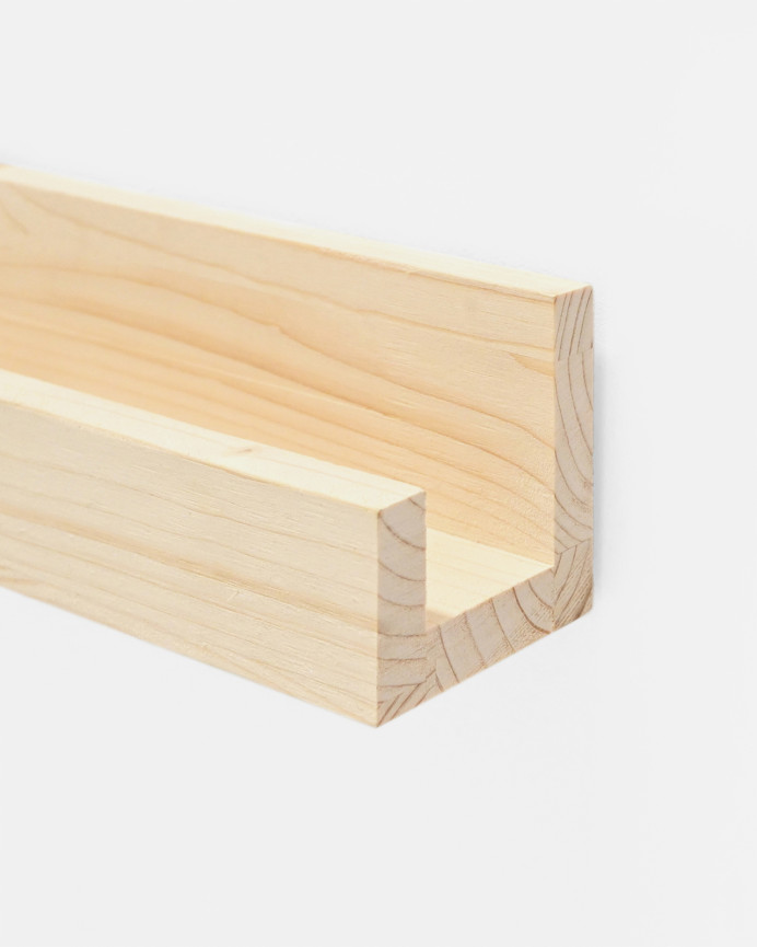 Solid wood floating shelf in natural tone, various sizes.