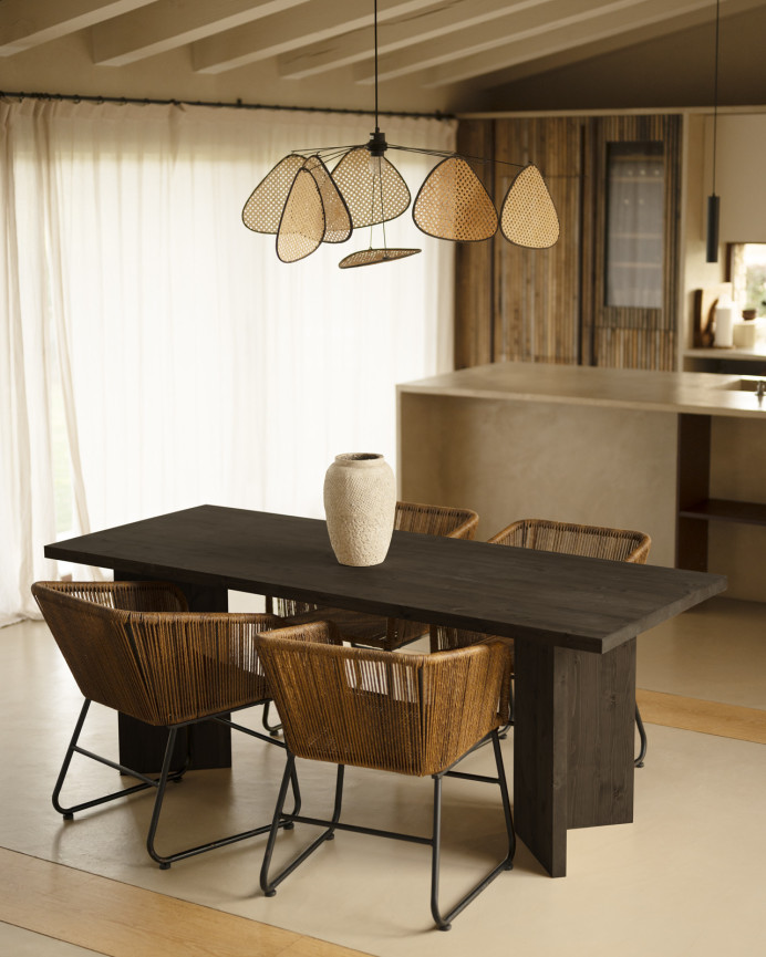 Solid wood dining table in black tone available in various sizes.