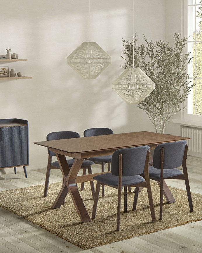 Extendable wooden dining table in dark oak tone, available in various sizes.