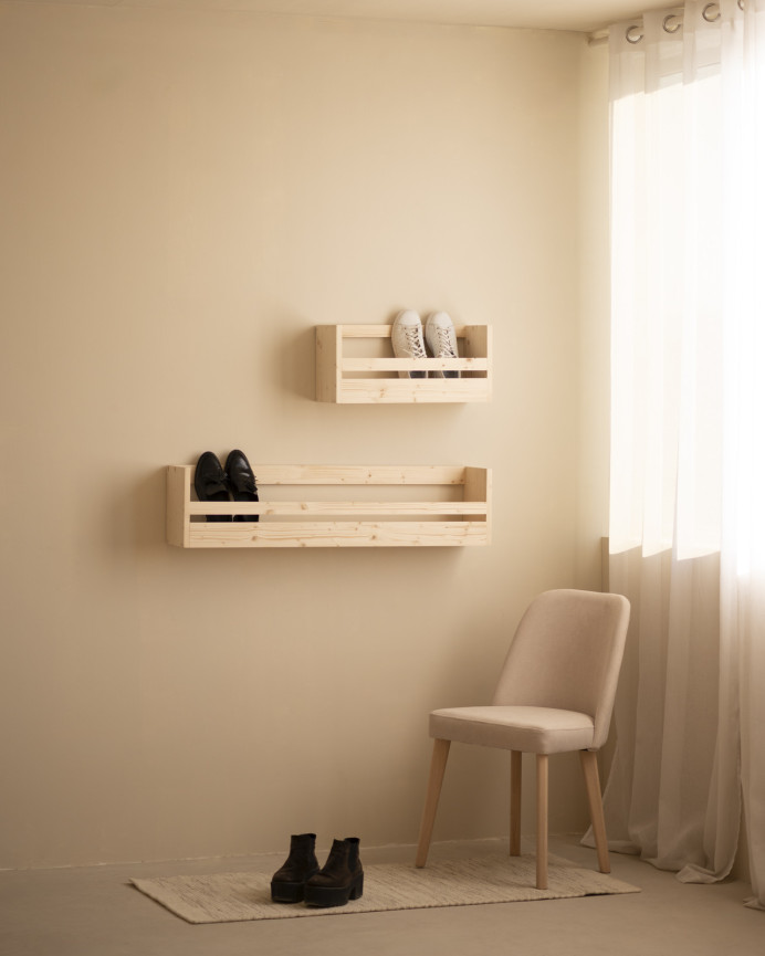 Solid wood shoe rack in natural tone available in various sizes.