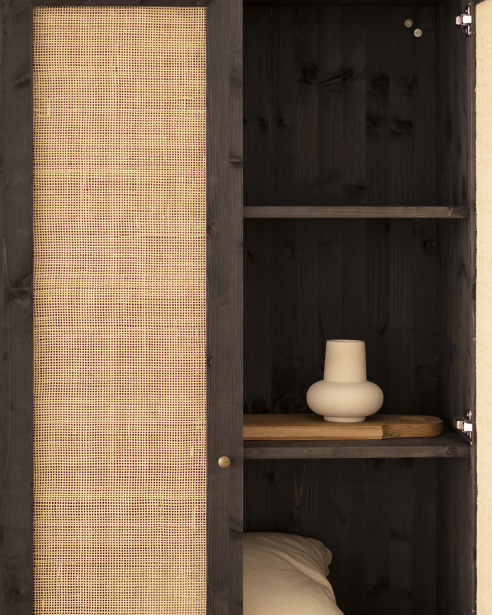 Solid wood and rattan core wardrobe in black tone measuring 180x80cm.